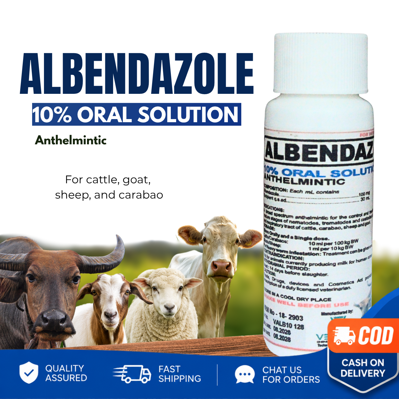 Albendazole 10% Oral Solution 30mL Veterinary Anthelmintic for Livestock
