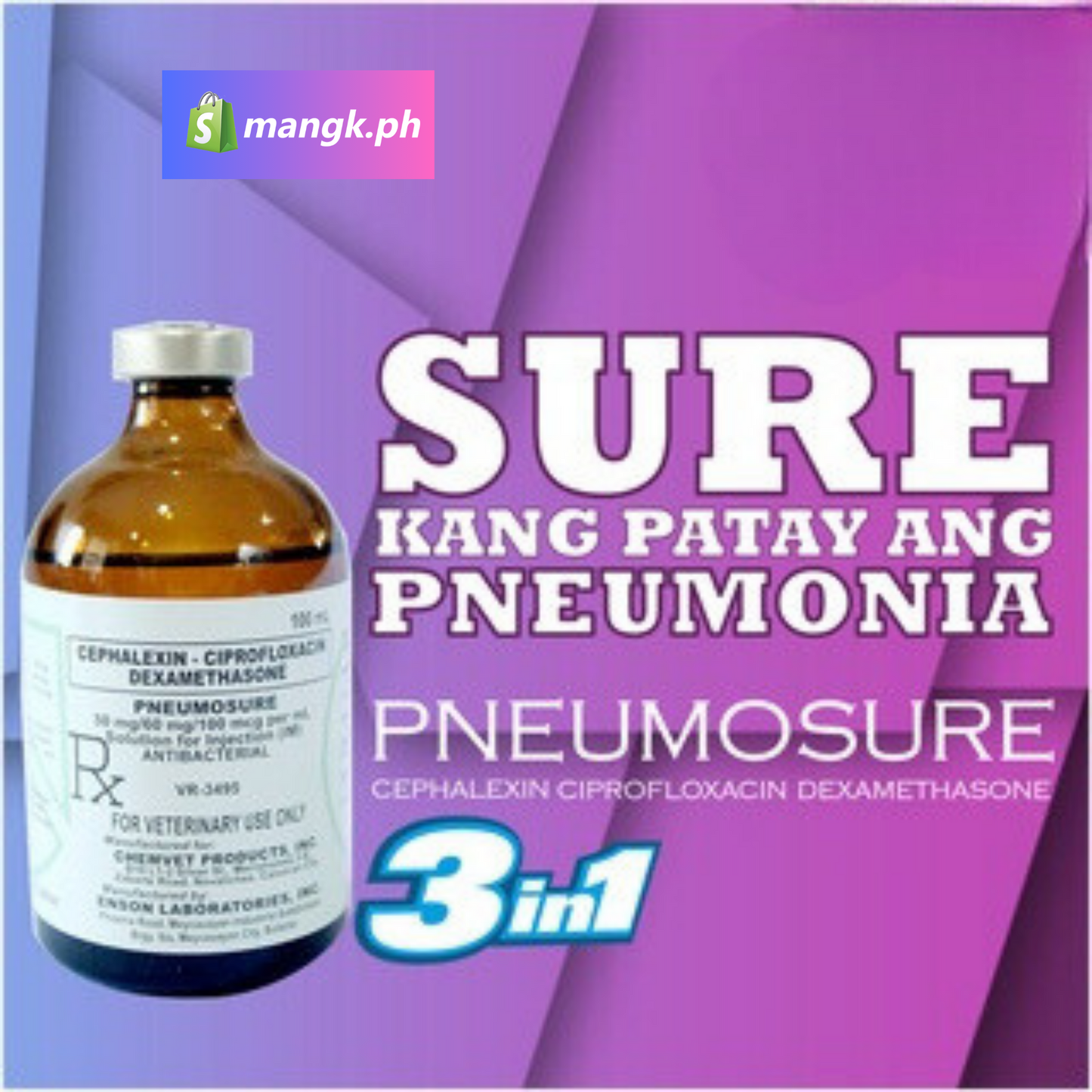 PNEUMOSURE 3 in 1 Antibiotics 100mL| Anti-Inflammatory Anti-Lagnat for Animals