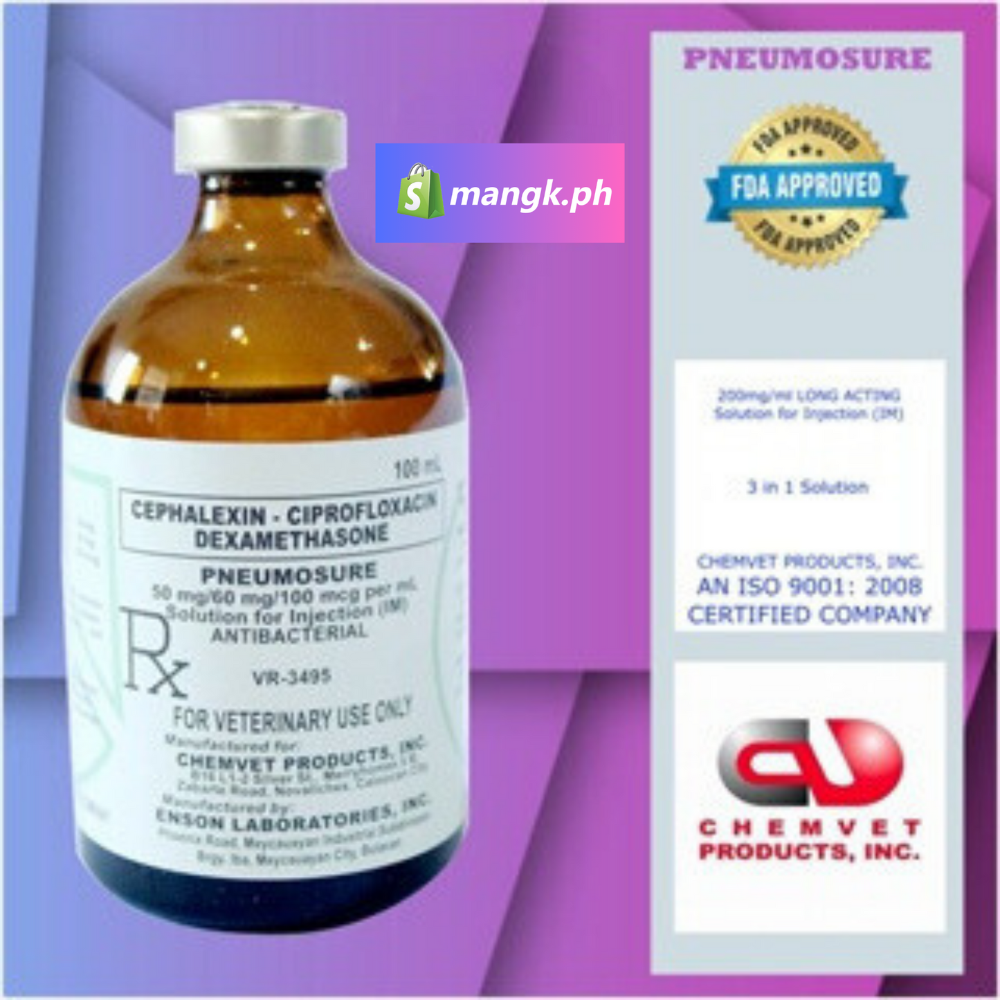 PNEUMOSURE 3 in 1 Antibiotics 100mL| Anti-Inflammatory Anti-Lagnat for Animals