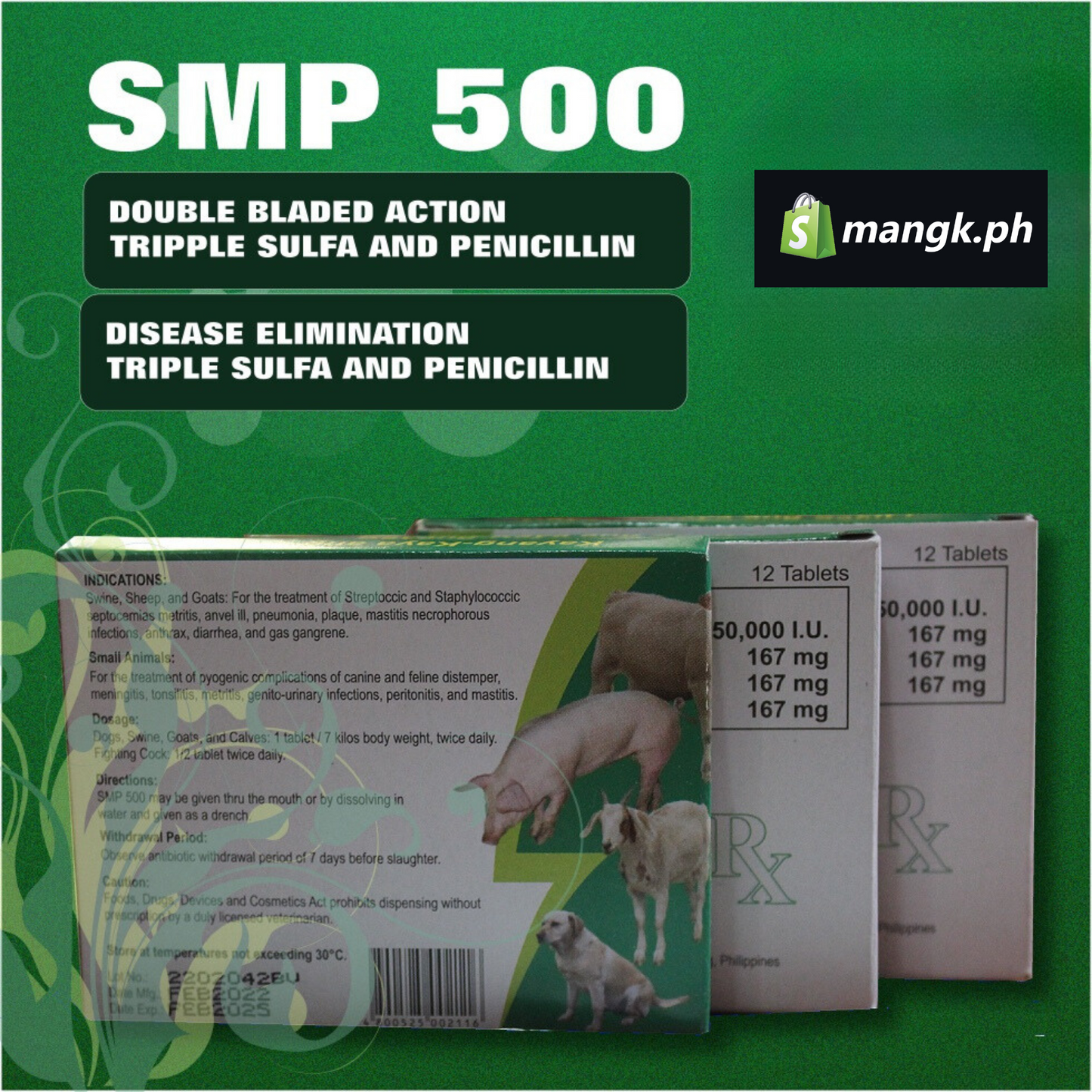 SMP 500 Tablets|1x 12tablets for Dogs Cats Pigs Goats and Sheep| Beta Lactam Antibiotics