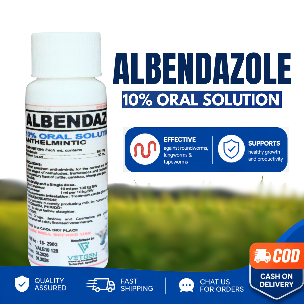 Albendazole 10% Oral Solution 30mL Veterinary Anthelmintic for Livestock
